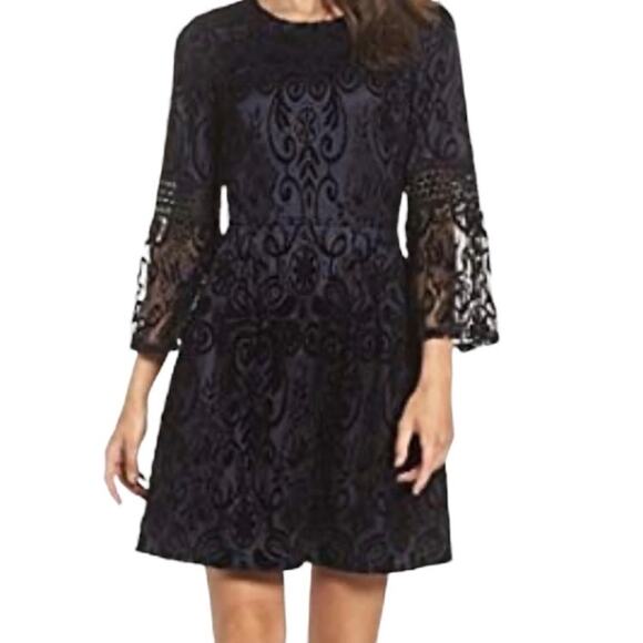 Eliza J Blue With Black Lace Overlay Dress Size 12 Goth Whimsigoth Dark Fairy - Picture 2 of 10